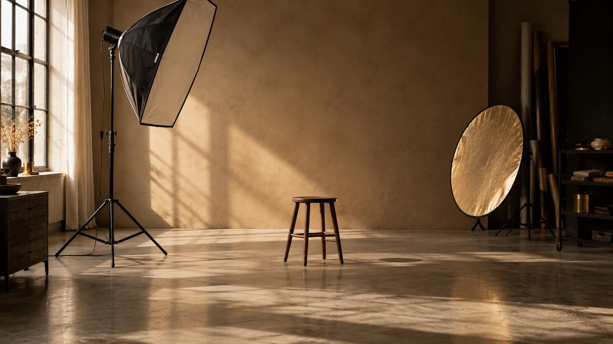 Leeres Fotostudio mit Softbox, Reflektor und Holzhocker im warmen Fensterlicht