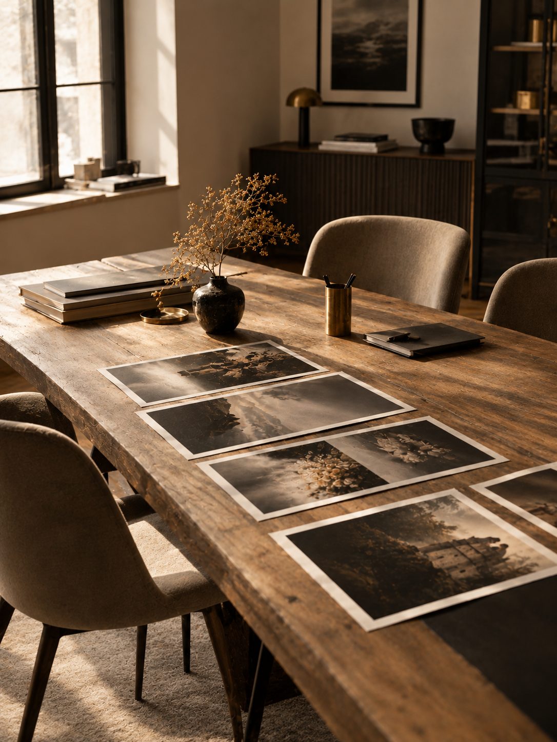 Langer Holztisch mit mehreren ausgelegten Fotoprints im Seitenlicht