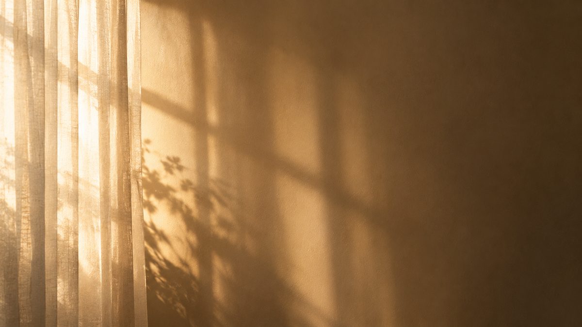 Warmes Licht fällt durch einen Vorhang und wirft Schatten auf die Wand