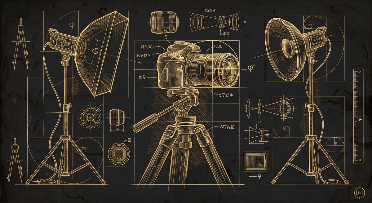 Skizze im Stil eines Da-Vinci-Blueprints: Kamera auf Stativ und Studiolicht in Gold auf dunklem Grund