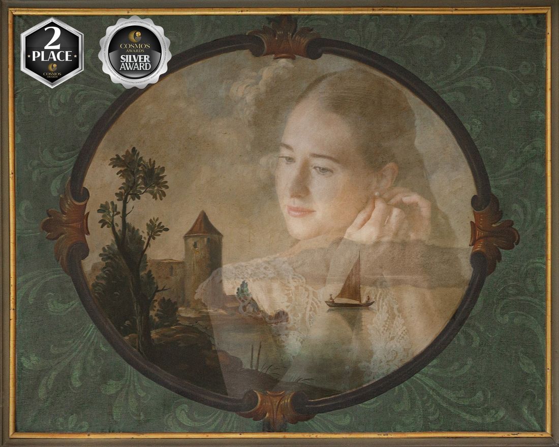 Portrait einer jungen Frau, verschmolzen mit einem historischen Wandgemälde in ovalem Rahmen